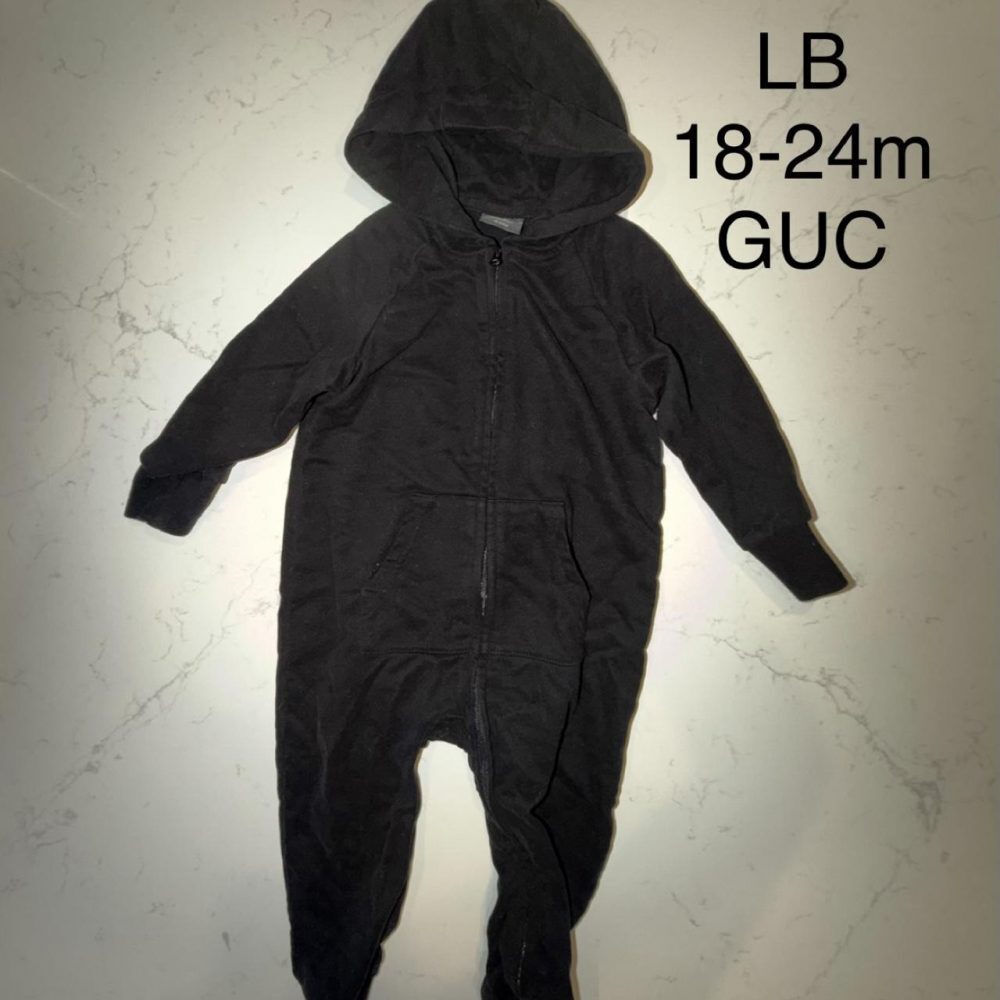 Little bipsy Black baby romper with hood, size 18-24 months #littlebipsy #romper